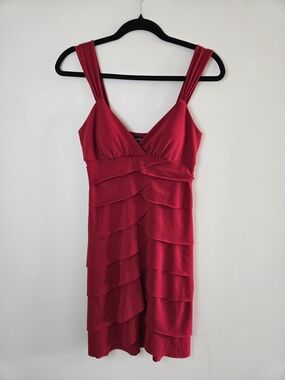 le chateau red ruffle tiered cascade skirt, v-neck formal mini dress, small